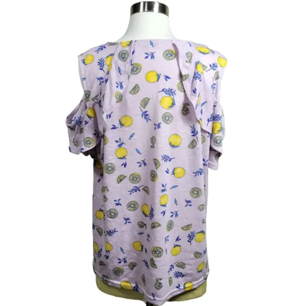 Juicy Couture Women's Lemon Print Purple Combo Ruffle Cold-Shoulder Top Size XL - Picture 3 of 8